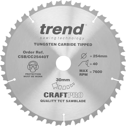 Trend Lama Per Sega Circolare Craftpro A Taglio Trasversale Con Kerf Sottile A Gancio Negativo, 254 Mm X 40 Denti X Foro Da 30 Mm, Punta In Carburo Di