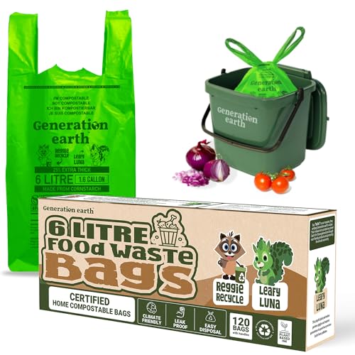 120 Sacchi 6L | Fodere Caddy Compostabili Per Rifiuti Alimentari Amido Di Mais | Sacchetti Della Spazzatura Biodegradabili Al 100% | Fodere Per Bidoni