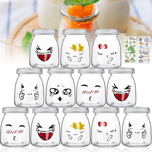 Ucamp 12 Pezzi Vasetti Yogurt Vetro,Vasetti Per Yogurt Con Coperchio,150Ml Vasetti Vetro Piccoli,Barattoli Vasetti Vetro,Contenitori In Vetro Per Budi
