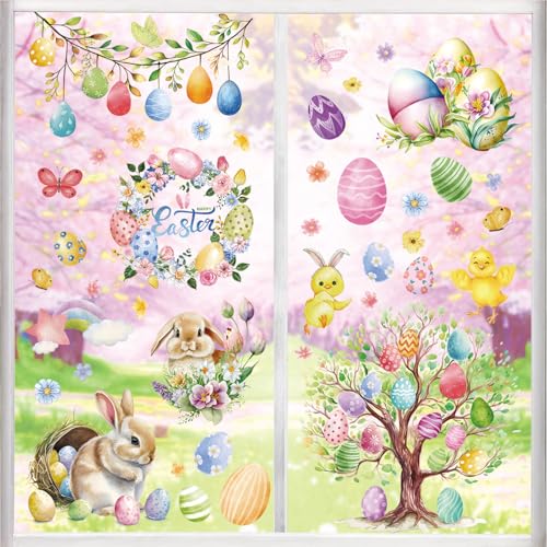 Joyoldelf 9 Pcs Adesivi Per Finestre Primaverili - Fiori, Animali,Uovo,Adesivi Per Stampati Colorati Pellicola Vetrofanie Vetro Elettrostatico Camera
