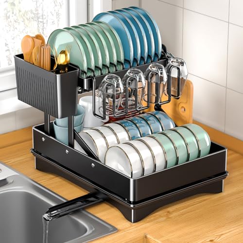 Moyksrr Scolapiatti Nero, Scolapiatti 2 Ripiani, Scolapiatti Da Lavello Di Acciaio Inox, Scolapiatti Da Appoggio, Scolapiatti Con Vassoi Di Scarico, S