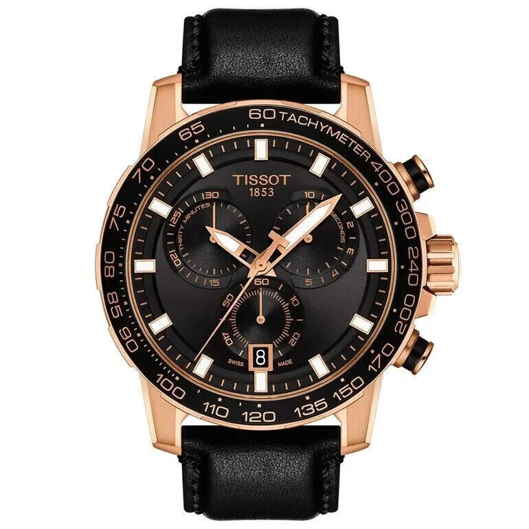 Orologio da uomo Tissot Supersport Chrono quadrante nero in pelle nera...