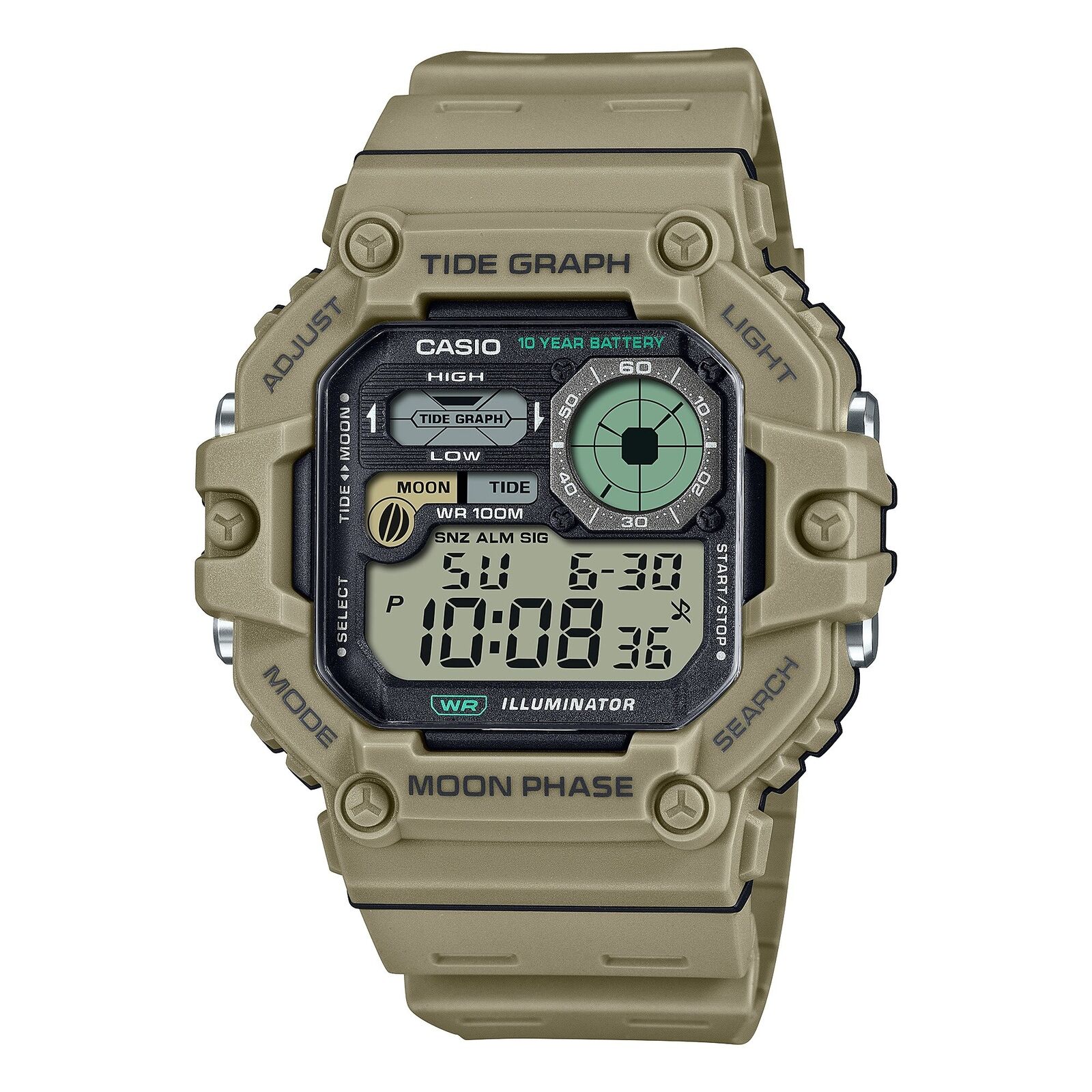 Orologio Uomo CASIO WS-1700H-5AVEF Silicone Khaki Verde Timer Fasi Lunari Maree