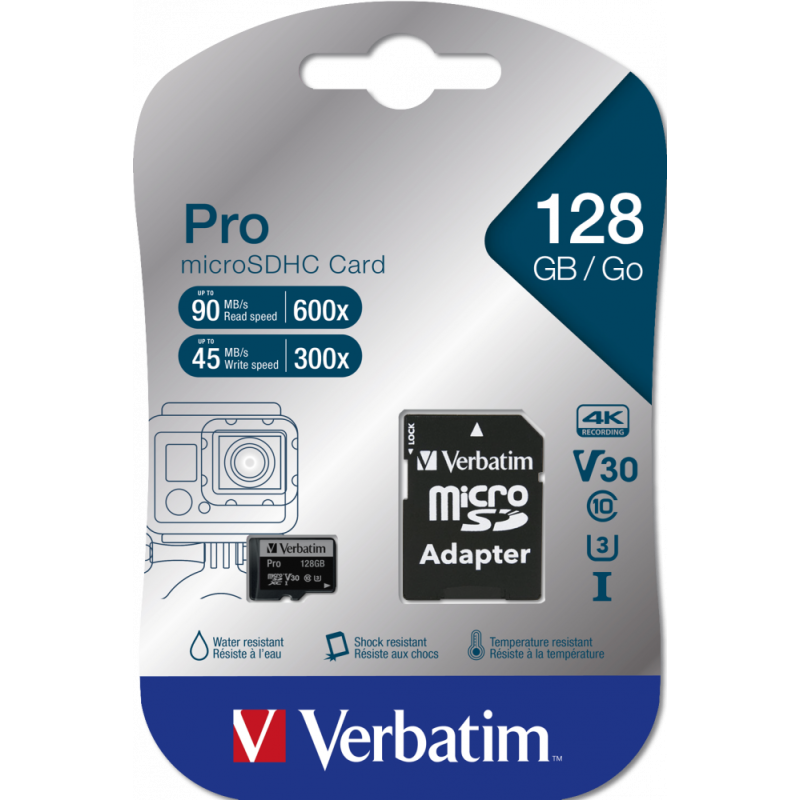 Micro Sdhc Pro U3 128GB Verbatim 47044 V30 Classe 10 UHS Speed Class 3 (U3) con
