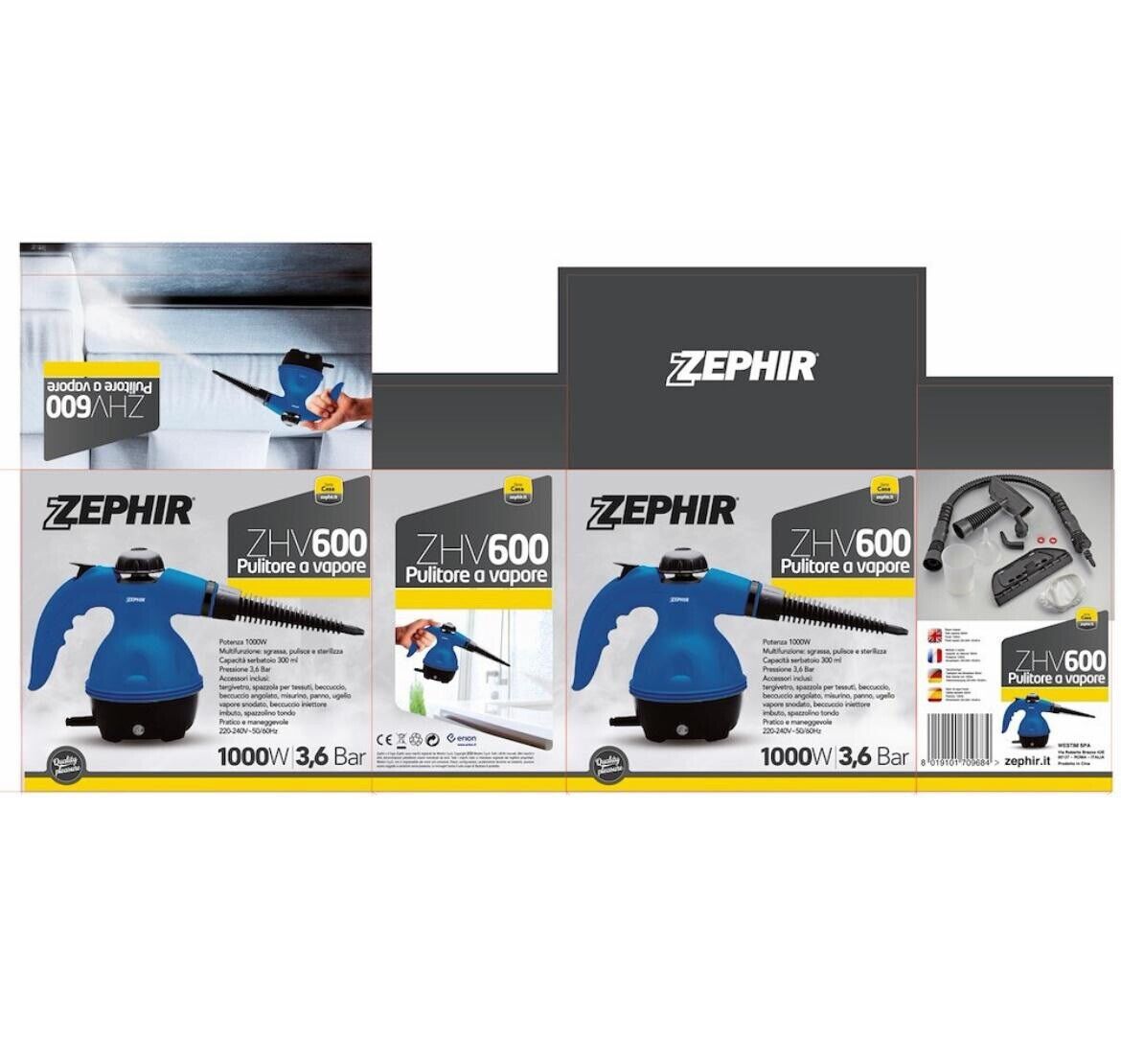 Pulitore a Vapore Multifunzione Potenza 1000 Watt + Accessori - Zephir ZHV600