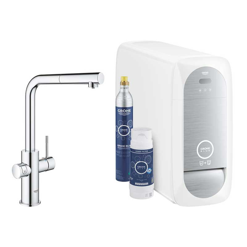 Grohe Blue Home con rubinetto bocca a L e doccetta estraibile per gasatura acqua