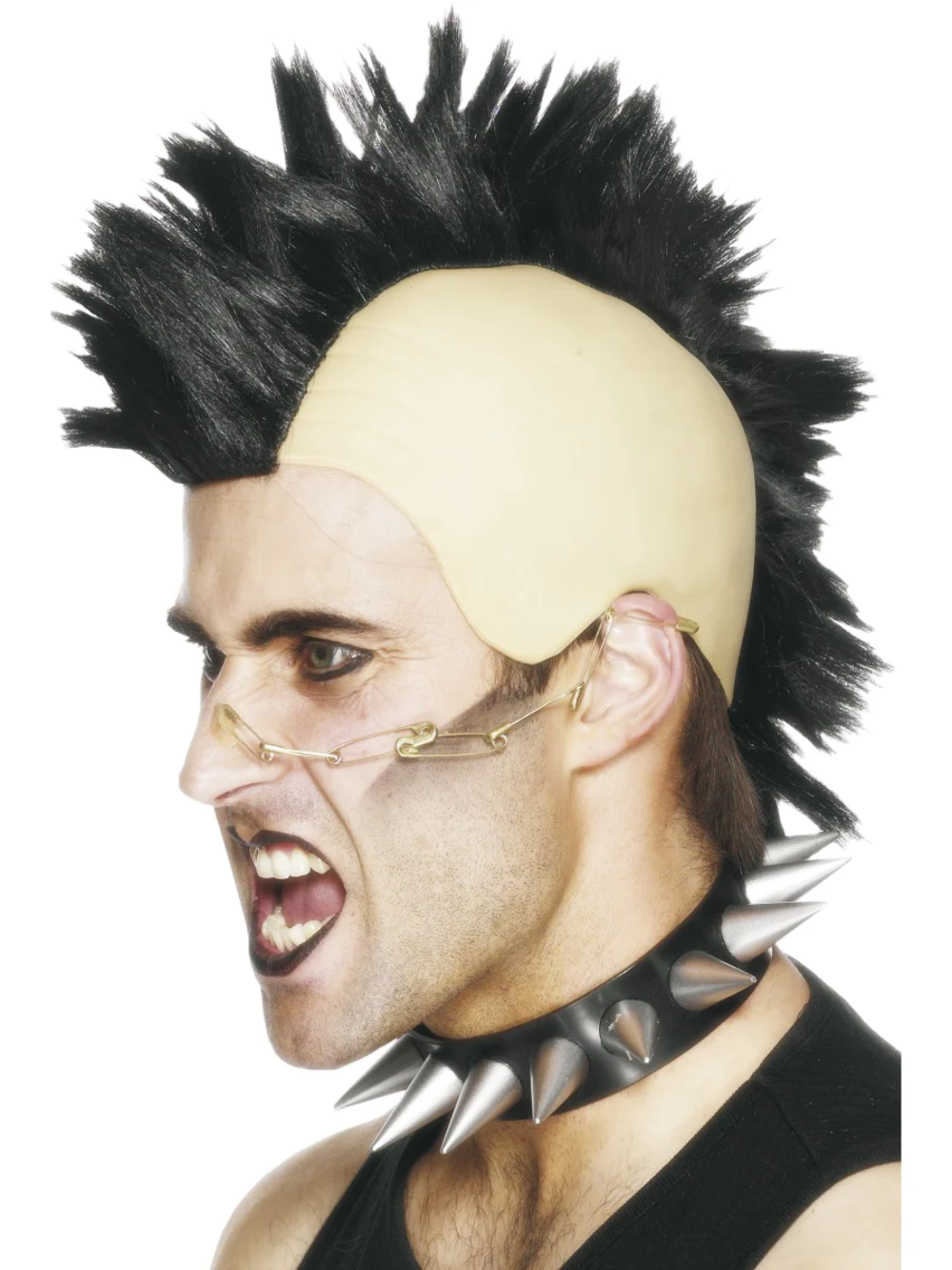 1980s Mohicano Parrucca Nera Uomo Punk Rocker Costume Accessorio Nuovo