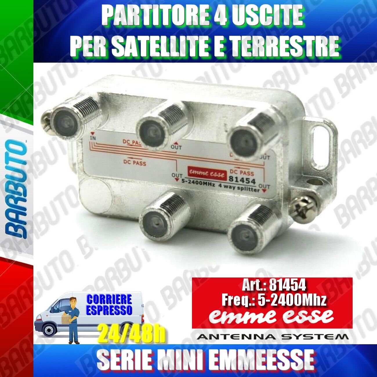 PARTITORE 4 USCITE, SPLITTER SAT, CONNETTORE F MARCA EMMEESSE SERIE MINI 81454