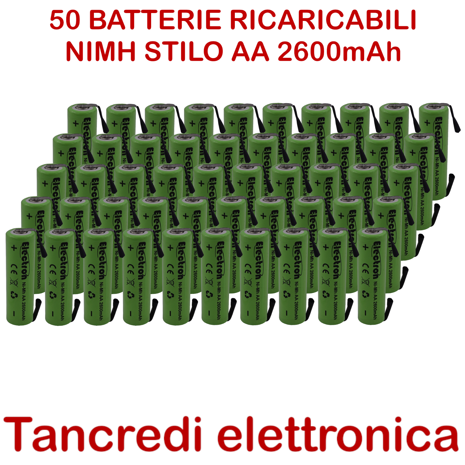 50 Pila Batteria ricaricabile Ni-Mh stilo 1,2V 2600mAh terminali lamelle saldare