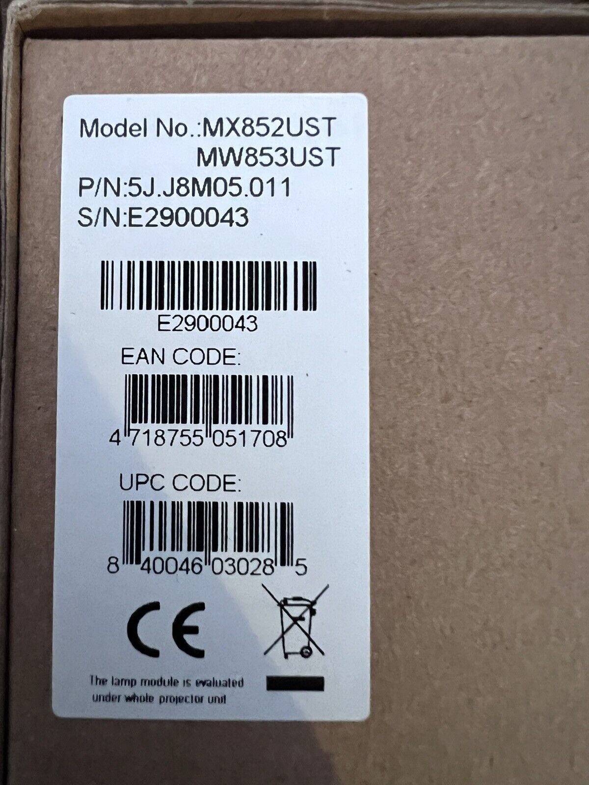 Lampada per proiettore  BenQ MX852UST - MW853UST codice 5J.J8M05.011