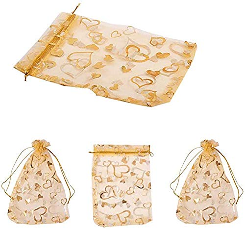 Yangwen 50 Pcs Pochettes À Bijoux Organza, Sacs Organza Imprimé Coeur Or Pochettes Cadeaux Avec Cordon 9X12Cm Parfait Pour Mariage, Noël, Anniversaire
