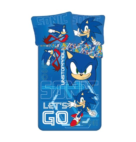 Jerry Fabrics Sonic The Hedgehog Let´S Go Design Set Copripiumino 140 X 200 Cm, Biancheria Da Letto Double-Face Con Federa 70 X 90 Cm, Blu