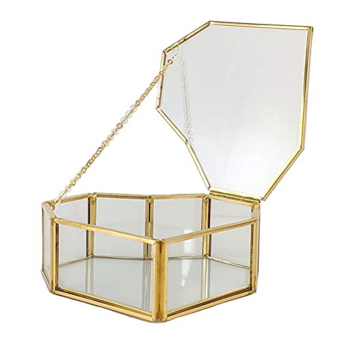 Wopohy - Portagioie In Vetro Dorato A Forma Di Cuore, Con Custodia In Vetro Trasparente, Motivo Geometrico Per Anelli, Scatola Del Tesoro Con Coperchi