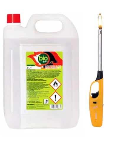 Bioetanolo Combustibile Stufe Bio Sprint 5 Litri 99,9% Inodore No Fumo Naturale No Zolfo, Plastica, Rosso + Accendino Omaggio
