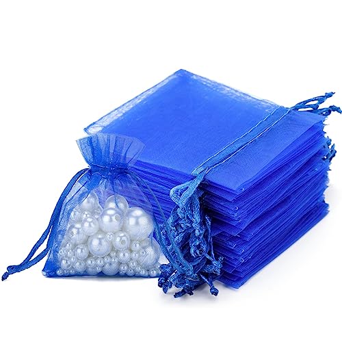 Jijacraft 100Pz Sacchetti Regalo In Organza 7X9Cm Borse Organza Con Coulisse, Per Matrimonio Festa Favore, Caramella, Gioielli (Blu Reale)