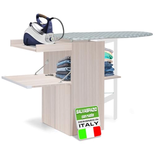 Shally Dogan Mobile Asse Da Stiro A Scomparsa Salvaspazio Richiudibile, Mobiletto Pieghevole Telaio In Legno Per Stiratura Veloce, 4 Ruote Per Spostam