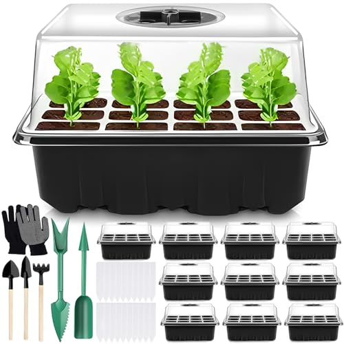 Zhhgoo Vassoi Per Semi,10 Pack 120 Cells Propagator, Vassoio Germinazione Con Coperchio,Vassoi Seminacon Finestra Regolabile,20 Etichette,3 Pale,2 Str