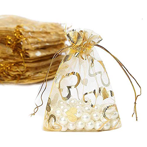 50 Pezzi Sacchetti Per Gioielli In Organza, Sacchetti In Organza Con Stampa A Cuore In Oro, Sacchetti Regalo Con Coulisse 9X12 Cm, Perfetti Per Matrim