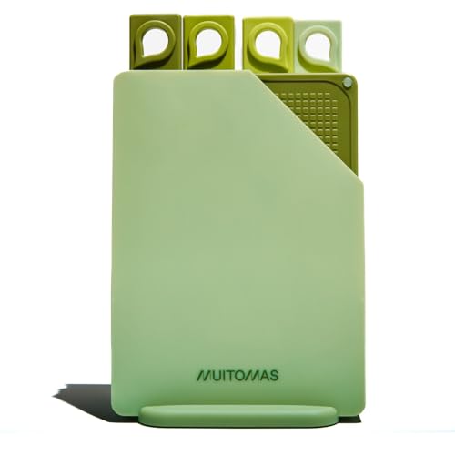 Muitomas, Set Taglieri Colorati Da Cucina In Plastica Rigida Resistente Ai Tagli, Con Gommini Antiscivolo E Contenitore Sottile Salvaspazio, 20,5 X 14