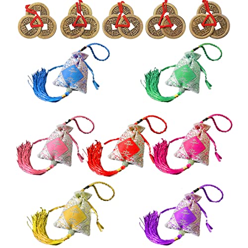 Jinyu 5 Monete Cinesi Di Rame Feng Shui E 7 Bustine Cinesi In Broccato Di Seta Sacchetti Per Monete Sacchetti Con Coulisse Sacchetto Regalo Per Gioiel