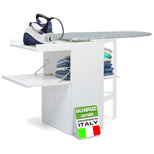 Shally Dogan Mobile Asse Da Stiro A Scomparsa Salvaspazio Richiudibile, Mobiletto Pieghevole Telaio In Legno Per Stiratura Veloce, 4 Ruote Per Spostam
