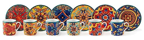 Excelsa , Porcellana, Set 6 Tazzine Da Caffè Trinacria Con Piattino, Multicolore