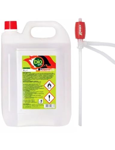 Bioetanolo Combustibile Stufe Bio Sprint 5 Litri 99,9% Inodore No Fumo Naturale No Zolfo, Plastica, Rosso + Pompa Manuale Omaggio