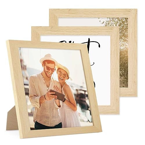 Photolini Cornici 20X20 Cm Legno Mdf Naturale, Set Di 3 Cornici Larghe, Moderne, Plexiglass Infrangibile, Da Tavolo O Da Parete, Accessori Extra - Per