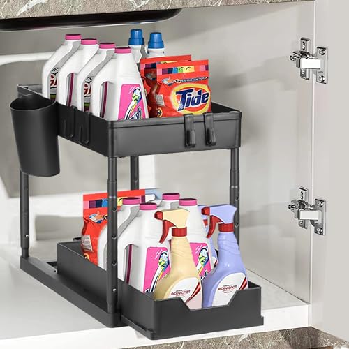 Eufrozy Organizer Sottolavello Cucina, Organizer Sottolavello A 2 Livelli, Alzare Scorrevole Scaffale Sottolavello Cassetti Con 4 Ganci E 1 Tazza Sosp