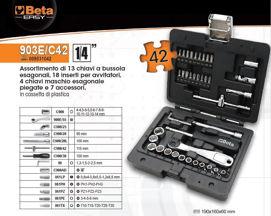 Valigetta Set chiavi a bussola 1/4"" Beta Easy 903e/c42 42pz. Utensili Officina