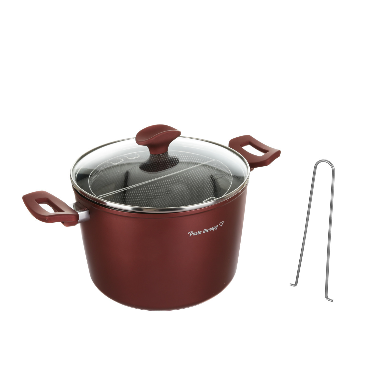 Pentola pasta 22 cm bordeaux con 2 cestelli e coperchio rosso