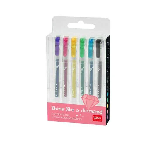 Legami- 6 Mini Pen cm 11- Glitter Viola, Oro, Verde, Blu, Rosa, Nero- Punta 1,0