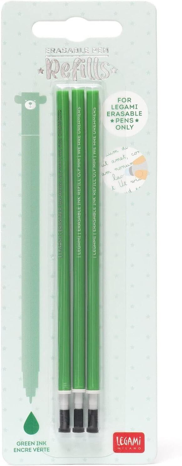 LEGAMI- 3 ricariche, refill x penna gel cancellabile 0,7 mm- Ink Verde