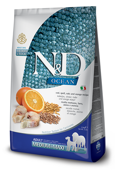 FARMINA Crocchette Cane N&D  OCEAN Merluzzo, Farro, Avena e Arancia  12 kg
