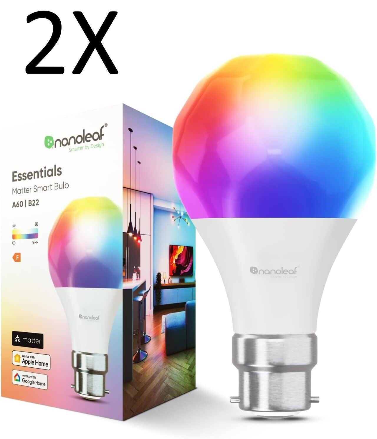 2x Nanoleaf Matter Essentials Lampadina LED A60 B22 RGBW Smart Dimmerabile 16M