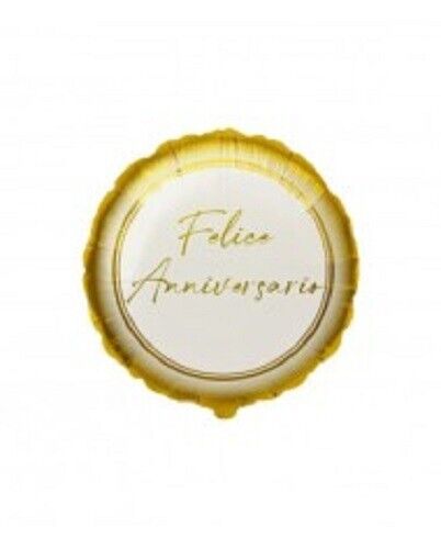 PALLONE MYLAR TONDO ORO FELICE ANNIVERSARIO 45 CM