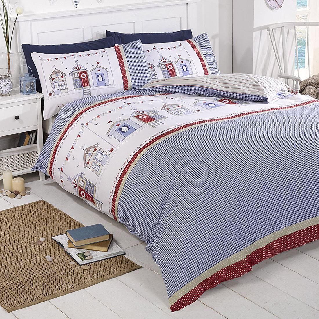Beach Hut Double Set Copripiumino Spiaggia Letto Rosso/Blu/Bianco Reversibile