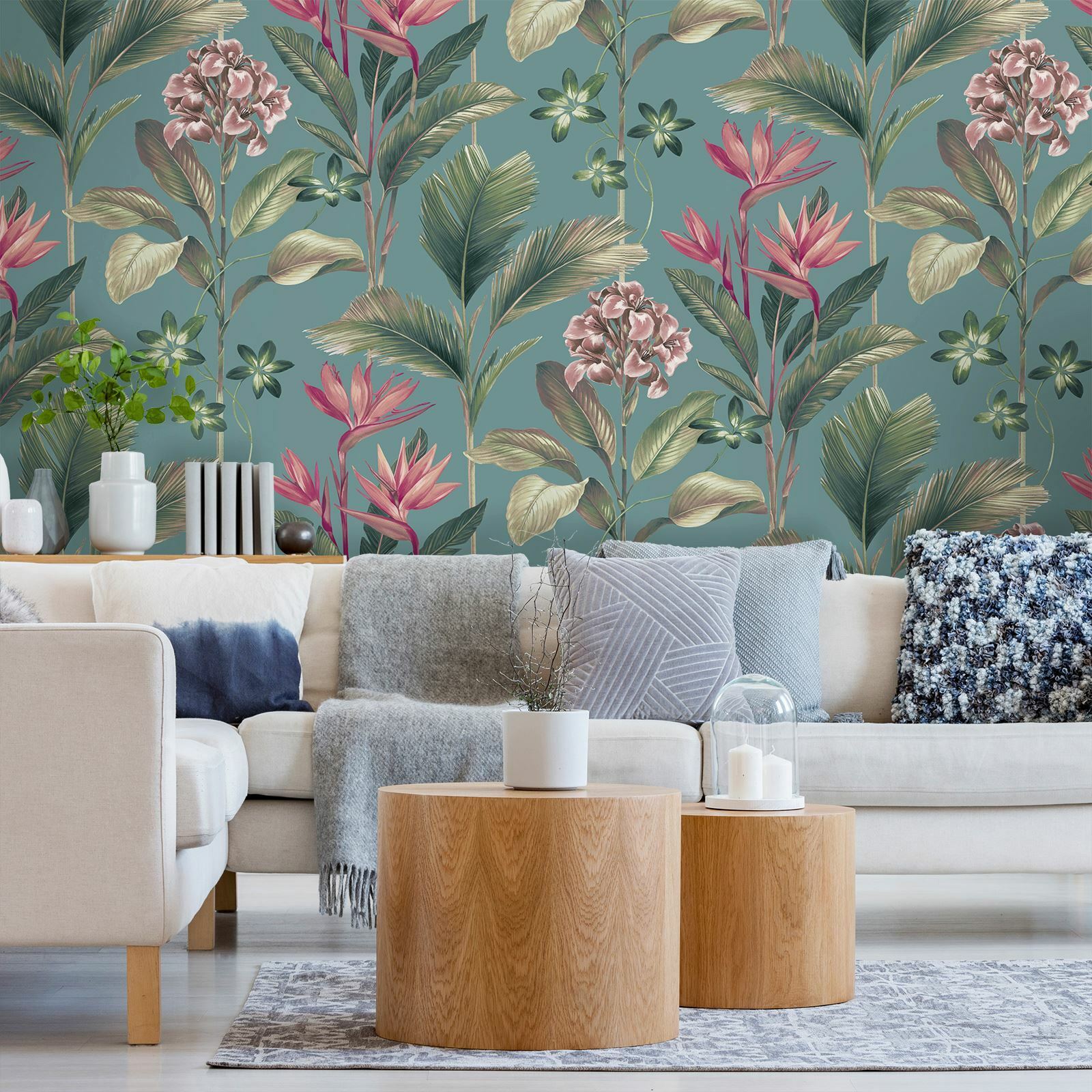 Oliana Floreale Palma Foglia E Esotico Fiori - Verde Blu 8486 - Belgravia Parati