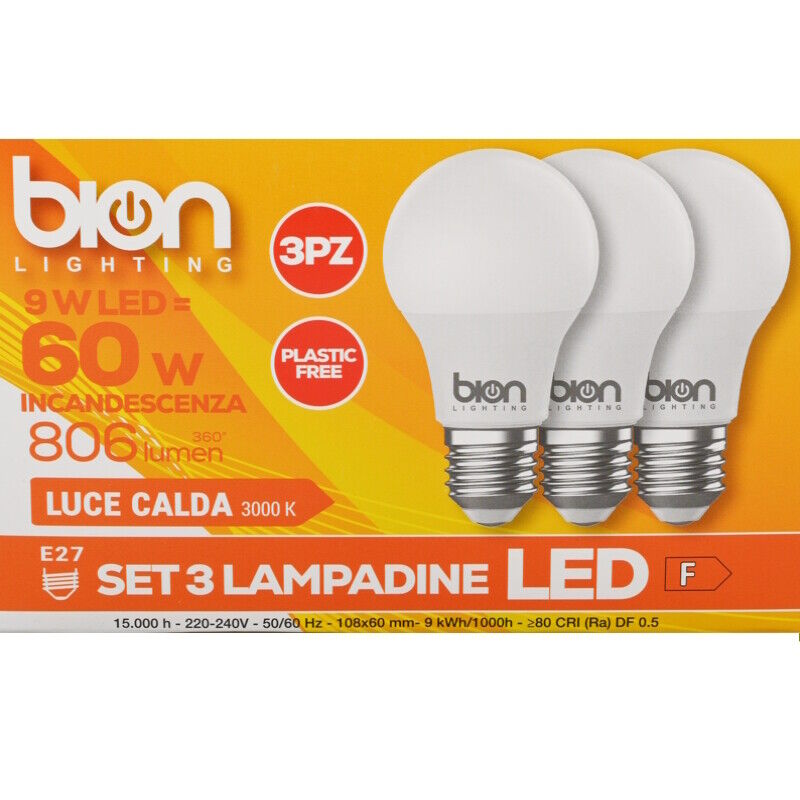 BION Set 3 lampadine goccia 9w luce calda e27