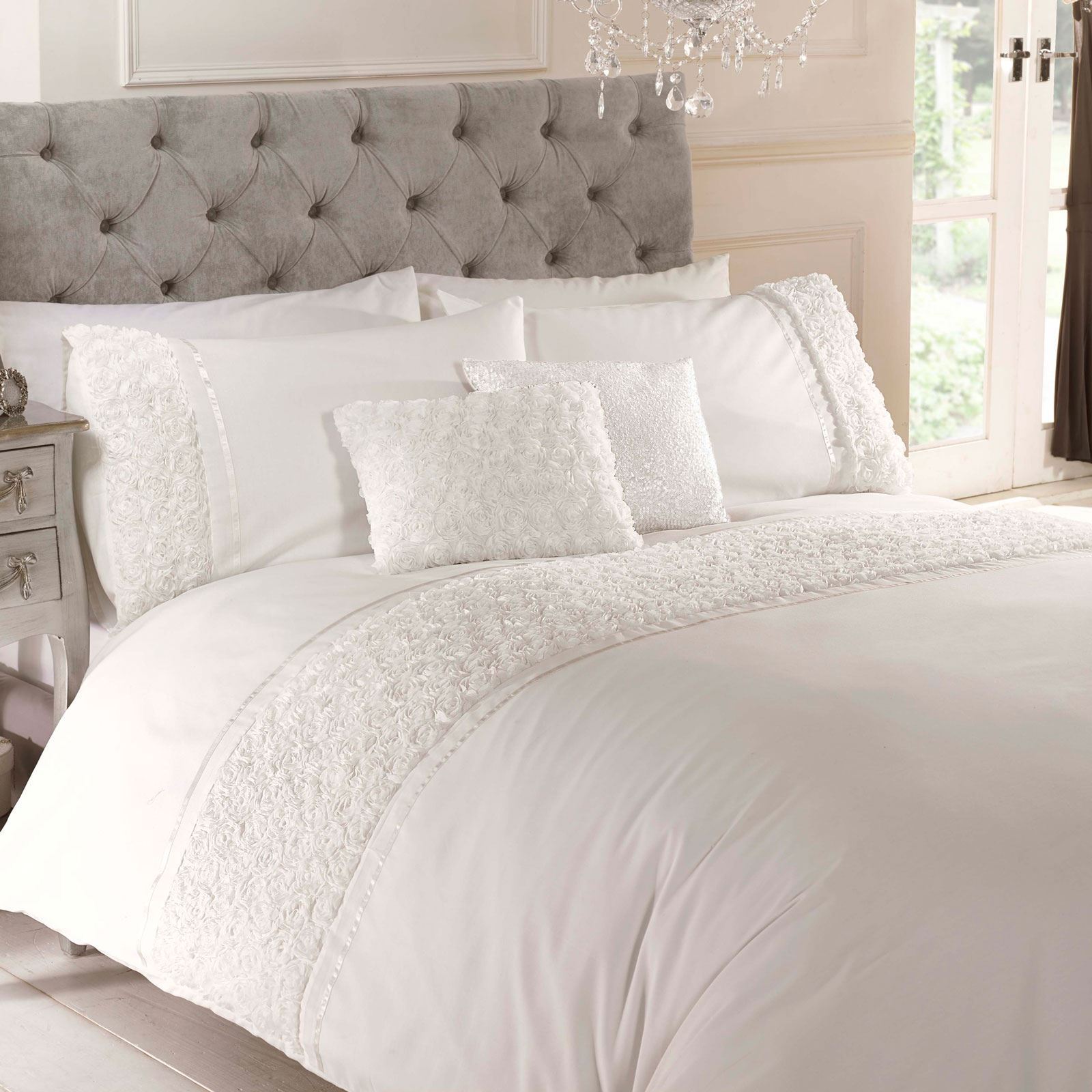 Limoges Rosa Increspato Crema Set Copripiumino Doppio Elegante Letto