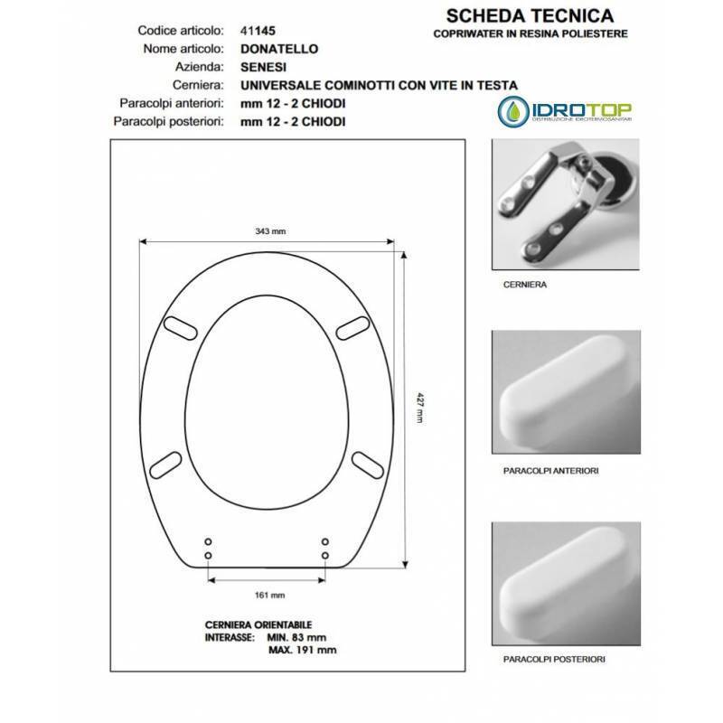 Copriwater Senesi DONATELLO BIANCO  Cerniera Cromo-Sedile-Asse Wc