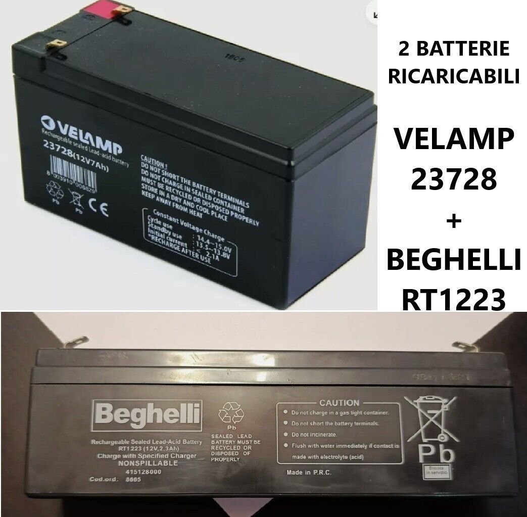 2 Batterie ricaricabili piombo 23728 + Beghelli 1223 Antifurto Centralina+Sirena