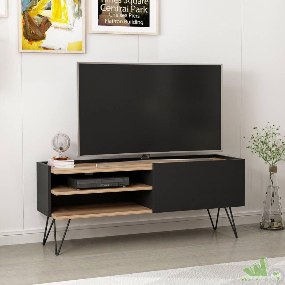 MOBILE BASSO PORTA TV ARAL NERO E NOCE CON ANTA A RIBALTA 124x37xH50 CM MODERNO