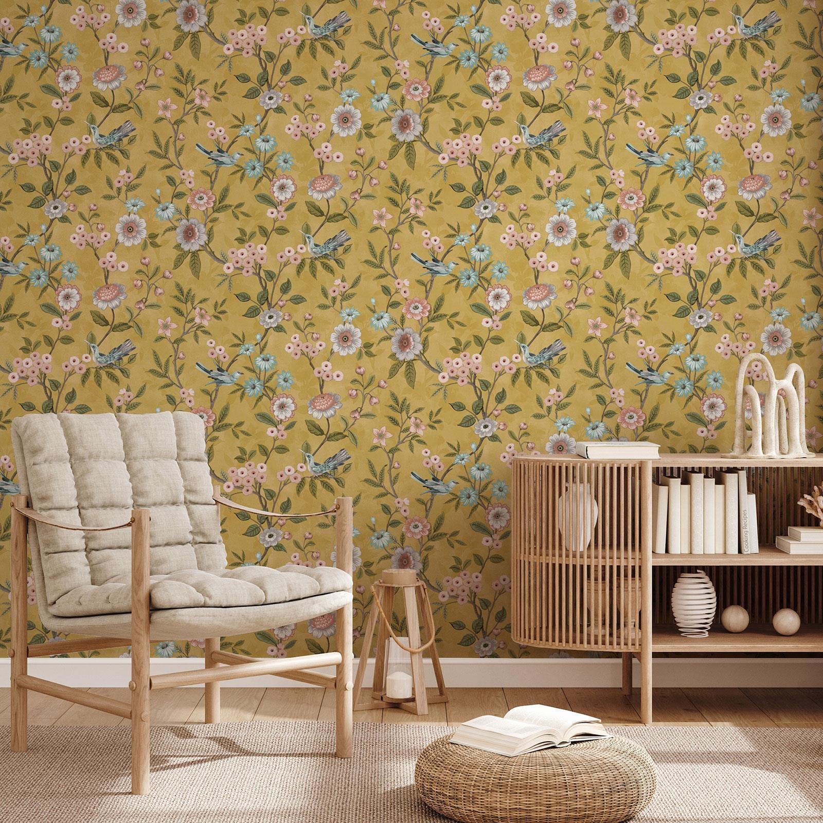 Floreale Sentieri Eleanor Parati Uccelli Foglie Fiori Fine Decor FD43446 Ocra