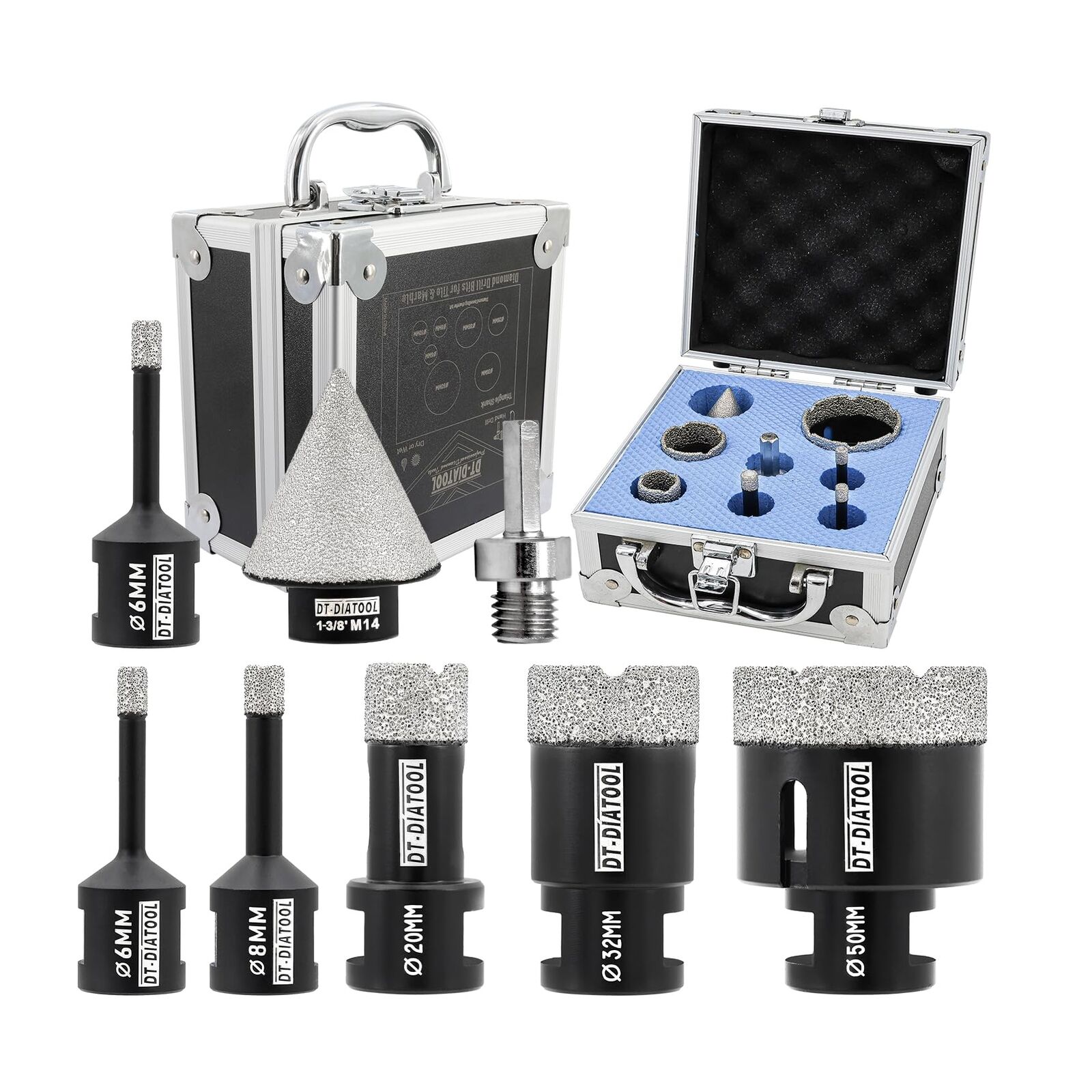 DT-DIATOOL Kit corona diamantata – 6/6/8/20/32/50 mm con punta (m2j)