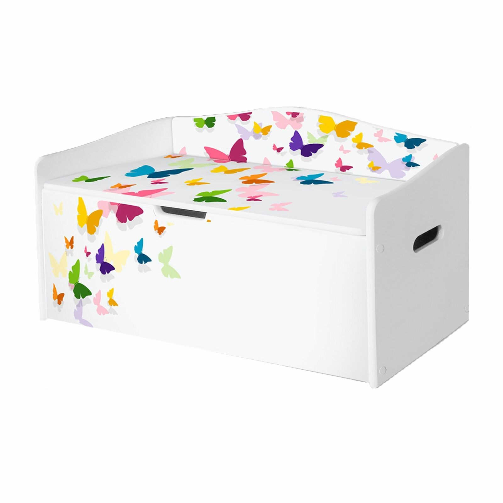 Baule portagiochi in legno per bambini con stampa organizer con farfalle L68xP28