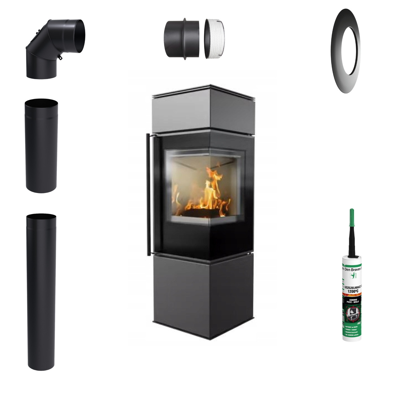 Stufa camino indipendente Koza KRATKI REN S/P destra 7kW Ø150 Kit di montaggio