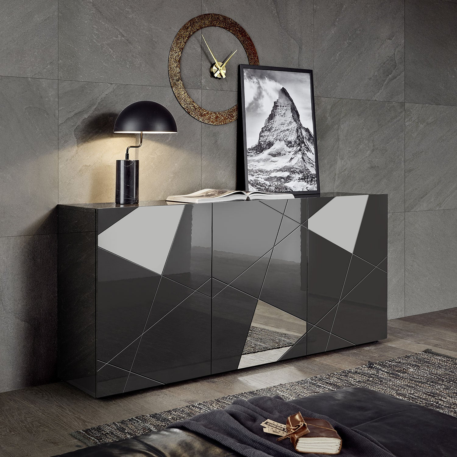 Madia Desing Moderno 3 Ante con Serigrafie e Specchi Vittoria 181x42x84 cm