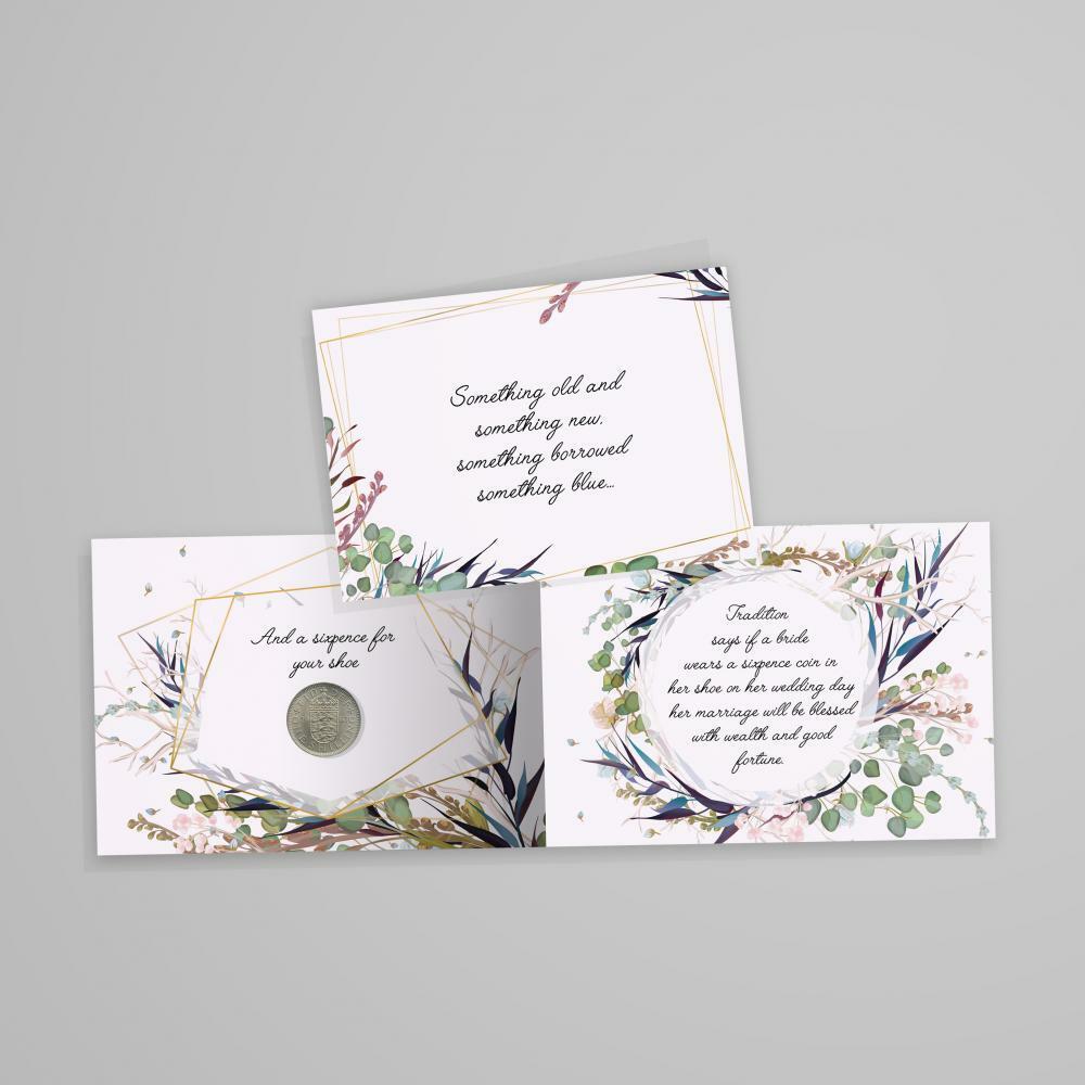Autentico Sixpence Moneta Scheda Busta Sposa Qualcosa Vecchio Nuovo Borrowed Blu