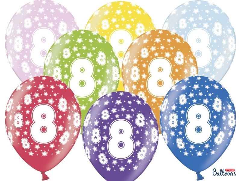 6 PALLONCINI lattice 30 cm numero 8 COMPLEANNO 8 ANNI 0F2M